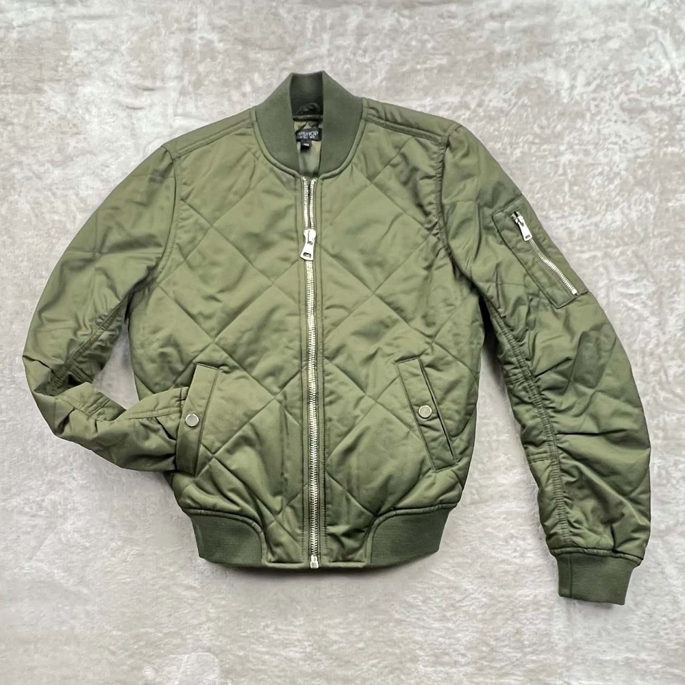 Topshop Olive Green Quilted Bomber Jacket Full Zip Utility Flight Coat Sz 2